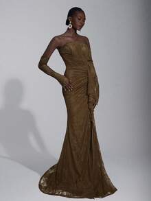 Elitara Elegant Luxurious Stretchy Lace Off-Shoulder Strapless Dress With Detachable Sheer Sleeves, Ruffle Hem And Sexy Slit, Suitable For Weddings, Events, Parties, Vacations, Galas, And Formal Occasions, Valentine's Day - Olive Green - View 6