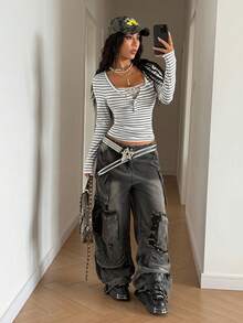 StreetHx 女士秋季蕾丝边饰叠层长袖条纹T恤