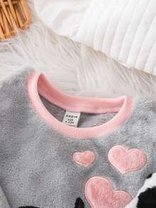 Babygirl Cute Fluffy Cartoon Pattern Pajama Set, Cow Print Sleepwear, Casual Loungewear For Autumn/Winter - Grey - View 9