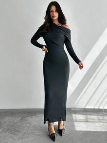 Firerie 女士新款优雅不对称褶皱针织长袖修身连衣裙，适合返校、下午茶、度假、日常休闲穿着，黑色 - 黑色 - 查看 2