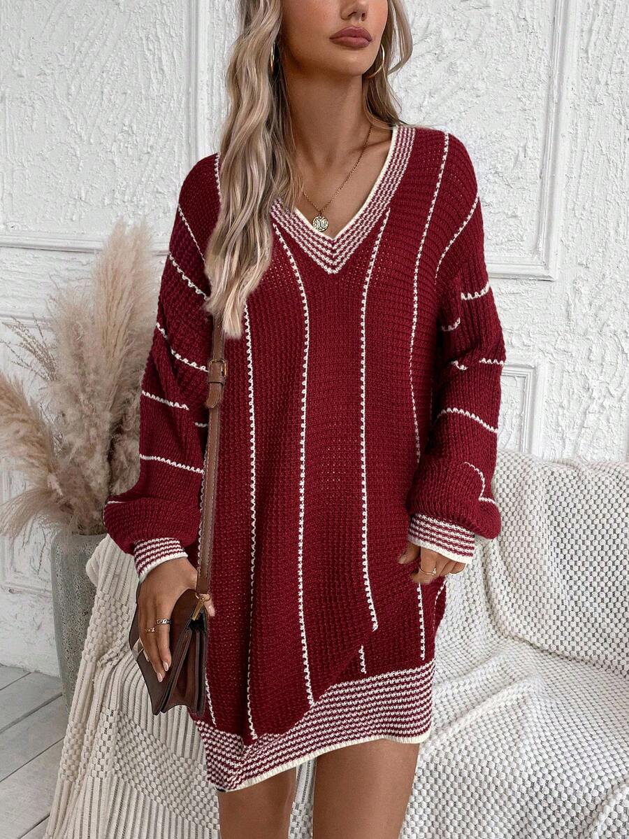 SHEIN LUNE 秋冬季条纹图案落肩毛衣连衣裙 - 酒紅色 - 查看 1