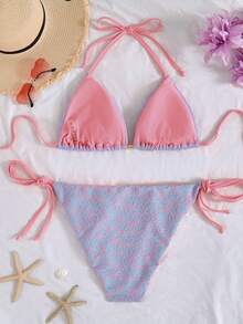 Swim Mod Plus Size Women Floral Print Halter Neck Bikini Set, Suitable For Beach Vacation, Spring/Summer - Multicolor - View 3
