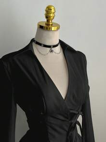 Elamini 性感立领侧边系带修身长袖女式衬衫 - 黑色 - 查看 4