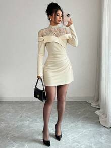 Siren Gaze Women's Elegant Ruched Waist Lace Patchwork Long Sleeve Bodycon Dress Winter Evening Dress Spring - Apricot - View 6