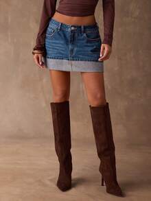 SHEIN BAE Women's Dark Blue Washed Distressed Vintage Low-Waisted Denim Skirt With Built-In Shorts, Perfect For Autumn And Winter. Suitable For Casual Outings, Commuting, Work, Shopping, Christmas, Thanksgiving, And New Year's.Denim Mini Skirt - Dark Wash - View 5