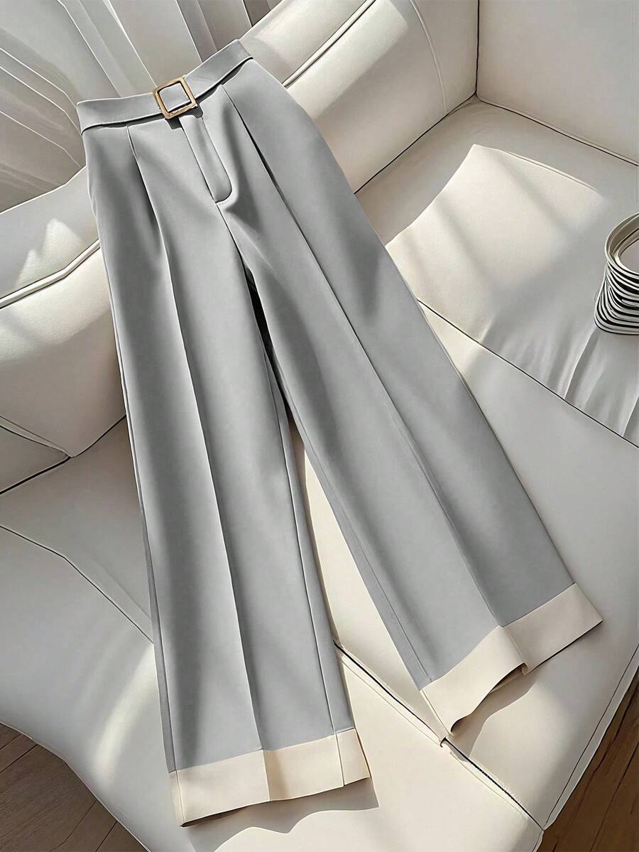 GlowEve 女士优雅日常通勤百搭时尚摩卡棕色阔腿裤，搭配撞色下摆设计 - 灰色 - 查看 1