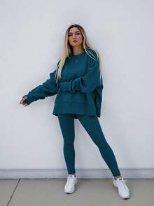 INAWLY 大码女式纯色圆领长袖卫衣和裤子休闲两件套 - 水鴨藍 - 查看 3