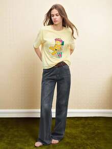 Maija GARFIELD | SHEIN Áo thun nữ cổ tròn tay ngắn họa tiết sọc và hoạt hình - Màu vàng - Xem 7