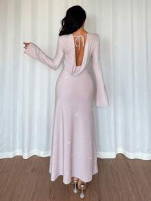 Chiquease Women's Party Dress, Sexy Backless Strappy Long-Sleeved Dress, Long Dress With Silver Thread Fabric, Christmas Party Dress. - Baby Pink - View 2