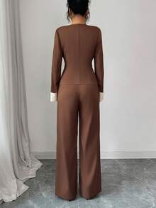 SHEIN Elenzya Women's Elegant Brown Contrast Color Casual/Office/Formal Suit Set, Autumn - Brown - View 2
