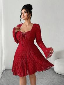 Elenzga Rochie de seară elegantă și elegantă pentru femei, de mărime mare, cu imprimeu tricotat, din dantelă, cu guler pătrat, cu mâneci evazate, tip A-line, cu cravată și fundă, pentru slăbire, la modă, elegantă, grațioasă, pentru întâlniri, nuntă, petrecere, cocktail, afaceri, formală, de Crăciun, toamnă/iarnă - roșu - Vizualizare 5