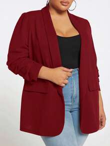 SHEIN CURVE+ Áo blazer tay lửng 3/4 cổ bẻ dáng suông, cỡ lớn, thích hợp cho mùa Thu/Đông. - Màu Đỏ Sâu - Xem 4