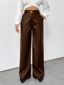 SHEIN Tall Prive Gold Button Detailed Straight Fit Leather Pants, Tall Women - Brown - View 7