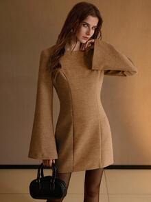 MOTF PREMIUM WOMEN'S ELEGANT SIMPLE SOLID COLOR FLARED SLEEVE FITTED SHORT DRESS, AUTUMN - Khaki - View 5