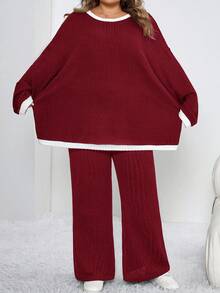 SHEIN CURVE+ 2 件套加大码撞色边罗纹针织圆领长袖上衣和开衩长裤，女士冬装 - 酒紅色 - 查看 6