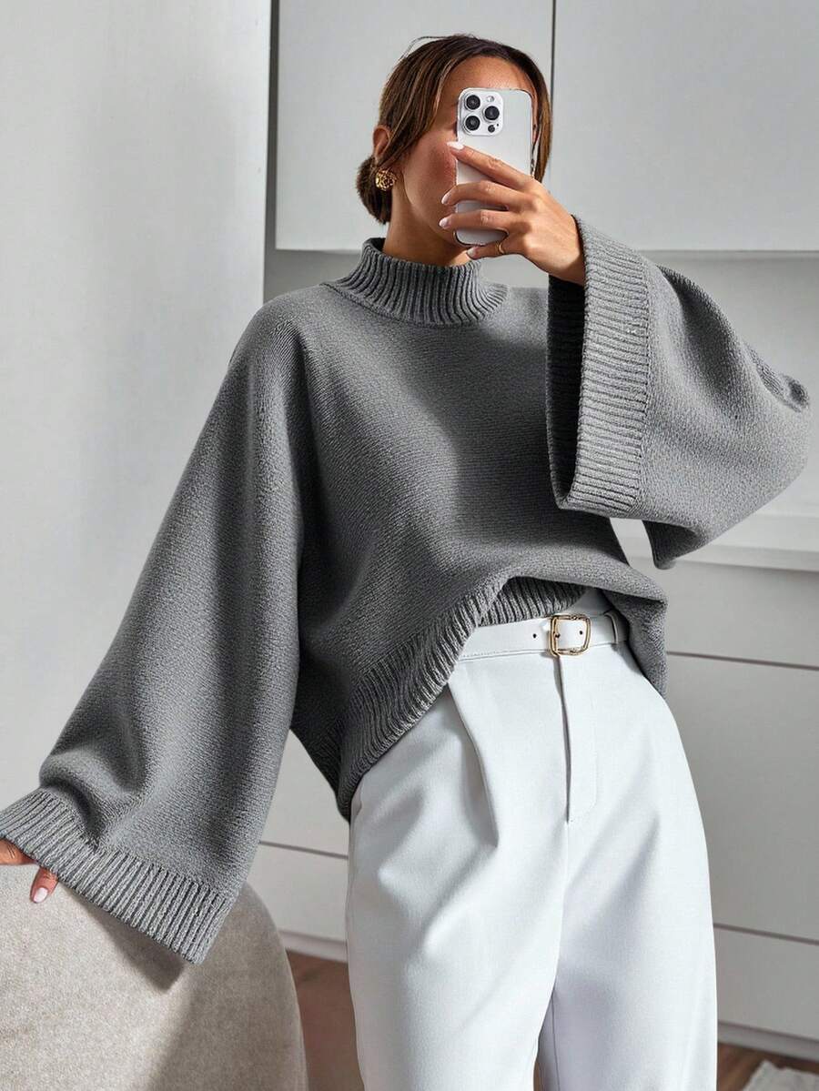 EURMUSE Chic Black Batwing Sleeve Knit Sweater With Relaxed Oversized Fit And Effortless Minimalist Elegance - Grey - View 1