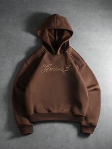 PAVTROS 男士休闲时尚街头连帽衫，字母刺绣，宽松版型，保暖内衬，秋冬季，宽松，印花，朋友，另类，朋友，街头服饰，男士，慢跑，连帽衫，长袖上衣 - 棕色 - 查看 5