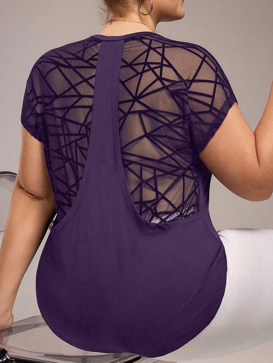 Rhythm Era Camiseta de manga corta con parches de malla para yoga y deporte de talla grande para mujer - Morado - Ver 1