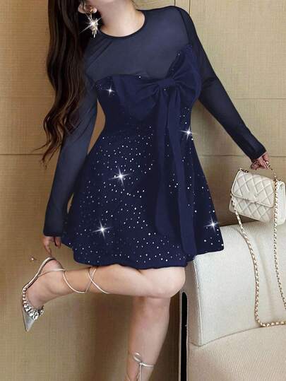 Vibekara Plus Size Women's Autumn/Winter Sweet & Spicy Bodycon Mesh Patchwork Sequin Mini Dress