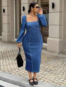 Dripcurv Plus Size Square Neck Fitted Long Sleeve Denim Dress - Medium Wash - View 5