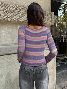 Aloruh Damen Neuer Rundhals Blau Batik Gestreift Figurbetont Langarm Pullover, Herbst/Winter