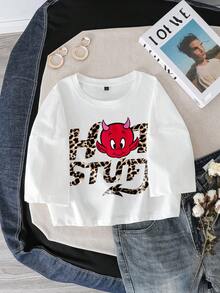HOT STUFF X SHEIN Áo thun ngắn tay họa tiết da báo, chữ và hình con quỷ thường ngày dành cho nữ, mùa hè - trắng - Xem 1