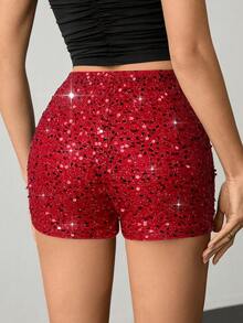 SHEIN Tall Short femme de couleur unie, à la mode, avec des paillettes, coupe slim. Idéal pour les fêtes, Noël, mariage, Nouvel An, Thanksgiving, automne/hiver - Rouge - Voir 2