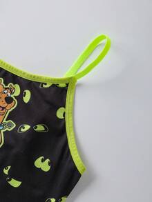 SCOOBY-DOO X SHEIN 大码女士卡通狗字母图案荧光青柠撞色包边文胸和内裤套装 - 黑色 - 查看 8