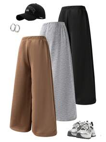 3pcs Young Girls Simple Fashion Versatile Black, Gray, Khaki Sweatpants
