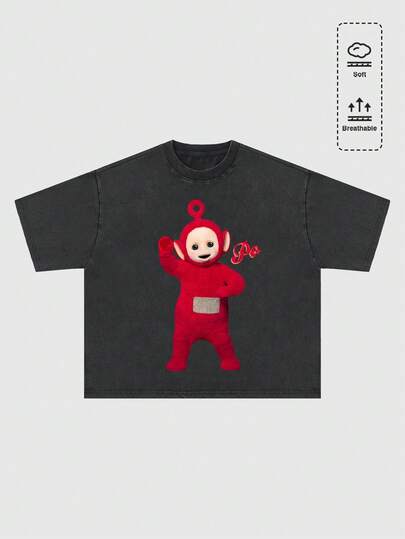 Teletubbies X ROMWE Men's Casual Everyday Commute Fashion Distressed Cartoon Print Loose T-Shirt, Summer