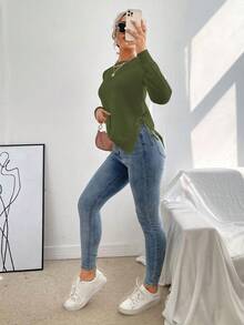 SHEIN LUNE Solid Color Round Neck Twist Front Split Hem Casual Long Sleeve Pullover Sweater - Army Green - View 3