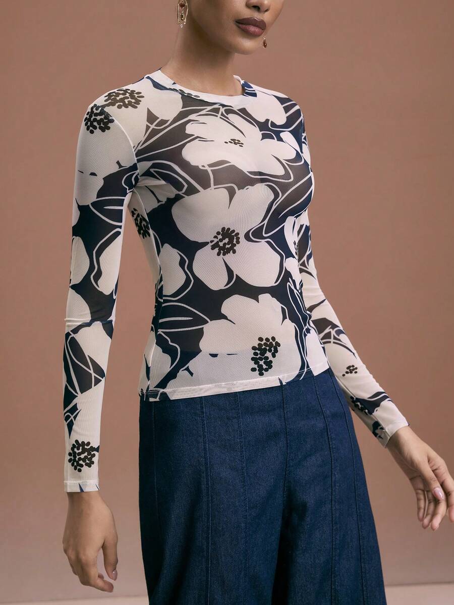 JIAN LASALA Crew Neck Floral Printed Slim Fit Sheer Mesh Top Women Casual Elegant Party Holiday Sheer Long Sleeve Top Long Sleeve Mesh Top Mesh Tops For Women Mesh Long Sleeve Top Long Sleeve Top For Women Long Sleeve Printed Top Floral Mesh Top Bodysuits For Women Long Sleeve Graphic Tops - Multicolor - View 1