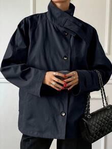 DAZY Fashionable & Elegant Solid Color Windbreaker Jacket For Women, Single-Breasted Regular Fit Women Coats - Navy Blue - View 2