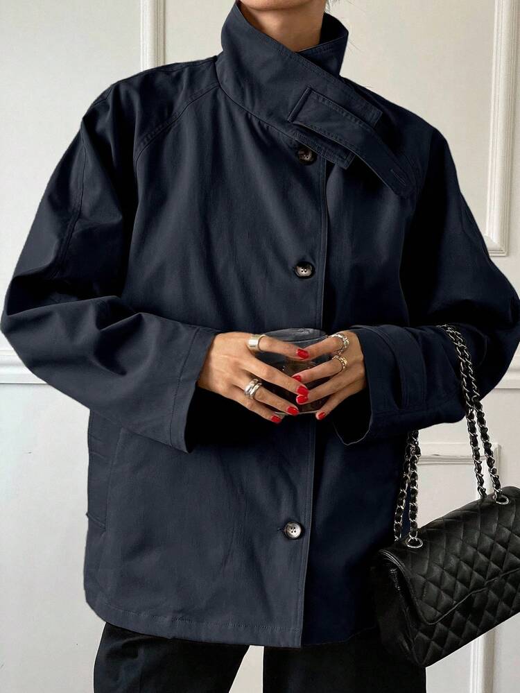 Fashionable & Elegant Solid Color Windbreaker Jacket For Women, Single-Breasted Regular Fit Women Coats