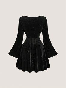 Sweetra Plus Size Elegant Velvet Sequin Flare Sleeve Dress - Black - View 8