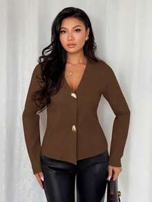 Chiquease Women's Slim Fit Khaki Minimalist Daily Wear Deep V-Neck Asymmetric Metal Button Cardigan, Office/Commute - Rust Brown - View 4
