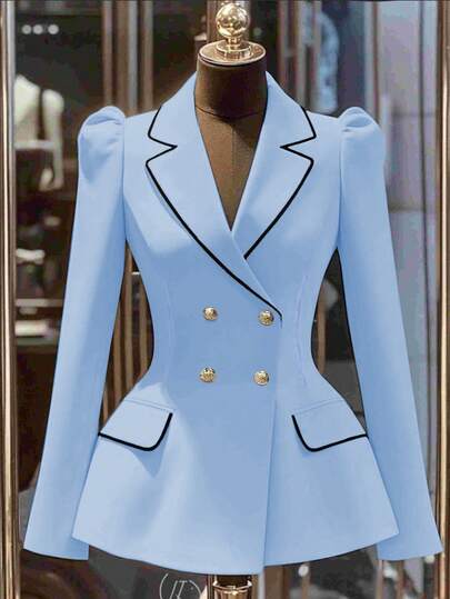 Franclia 通勤时尚百搭束腰双排扣金属纽扣撞色黑色饰边卡其色女式西装外套，优雅秋季外套，商务休闲装