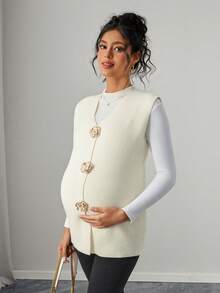 Momance Women's Fitted V-Neck Rose Gold Button Design Casual Elegant Maternity Sweater Vest, Solid Color