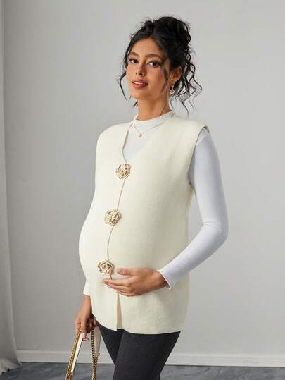 Momance Women's Fitted V-Neck Rose Gold Button Design Casual Elegant Maternity Sweater Vest, Solid Color