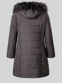 SHEIN Clasi Curvy Plus Size Women's Long Hooded Quilted Padded Coat, Detachable Warm Fur Collar Zipper Coat With Pockets, Plain Grey, Winter, Casual, Hiking, 2025 New - Olive Green - View 8