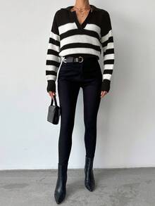 SHEIN Tall Striped Pattern Drop Shoulder Sweater, Tall Women - Coffee Brown - View 3