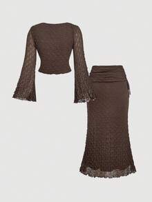 SHEIN MOD Bộ váy đuôi cá tay loe họa tiết gợn sóng màu nâu cỡ lớn, bộ 2 món họa tiết cổ điển cho mùa thu/đông - màu nâu - Xem 2