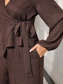 EMERY ROSE Ensemble 2 pièces chemise et pantalon de couleur unie élégante et pratique pour le travail, grande taille - Marron - Voir 6