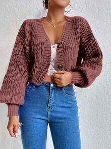 EURMUSE Cárdigan corto de color liso casual, otoño/invierno - Rosa vieja - Ver 6
