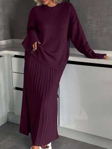 EURMUSE 女士休闲圆领落肩宽松舒适毛衣和百褶A字长裙，日常时尚休闲针织套装 - 酒紅色 - 查看 3