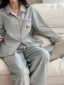 DAZY 2pcs Dog Pattern Striped Contrast Trim Loose Long Sleeve Women Pajama Set, Fall & Winter Clothes - Blue - View 4