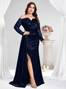 Coutiva Plus Size Formal Evening Gown (Heavily Embellished) - Navy Blue - View 5