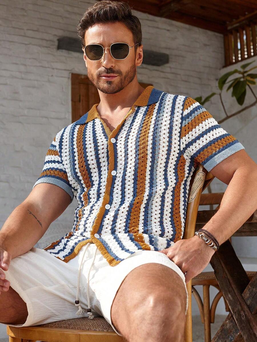 Manfinity RSRT Men's Colorblock Striped Pattern Front Button Short Sleeve Knit Top, Summer Shirts For Men Summer Pride 2025 Swim Brief, Men's Crochet Shirts, Men Resort Wear, Men's Summer Shirts, Striped Knit Shirt - Multicolor - View 1