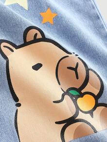 Girlism 少女水豚卡通印花牛仔裤，可爱甜美，适合日常穿着、上学、周末、返校季、度假。多口袋宽松版型，水洗浅蓝色直筒工装裤，适合少女穿着，秋季服装，圣诞节裤装，秋季穿搭，女孩秋冬返校季牛仔裤。