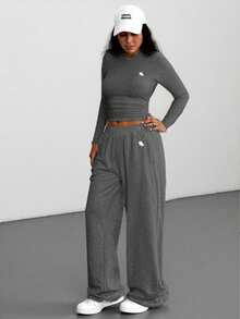 SHEIN EZwear 两件套休闲百搭深灰色T恤和裤子，大码 - 深灰色 - 查看 4